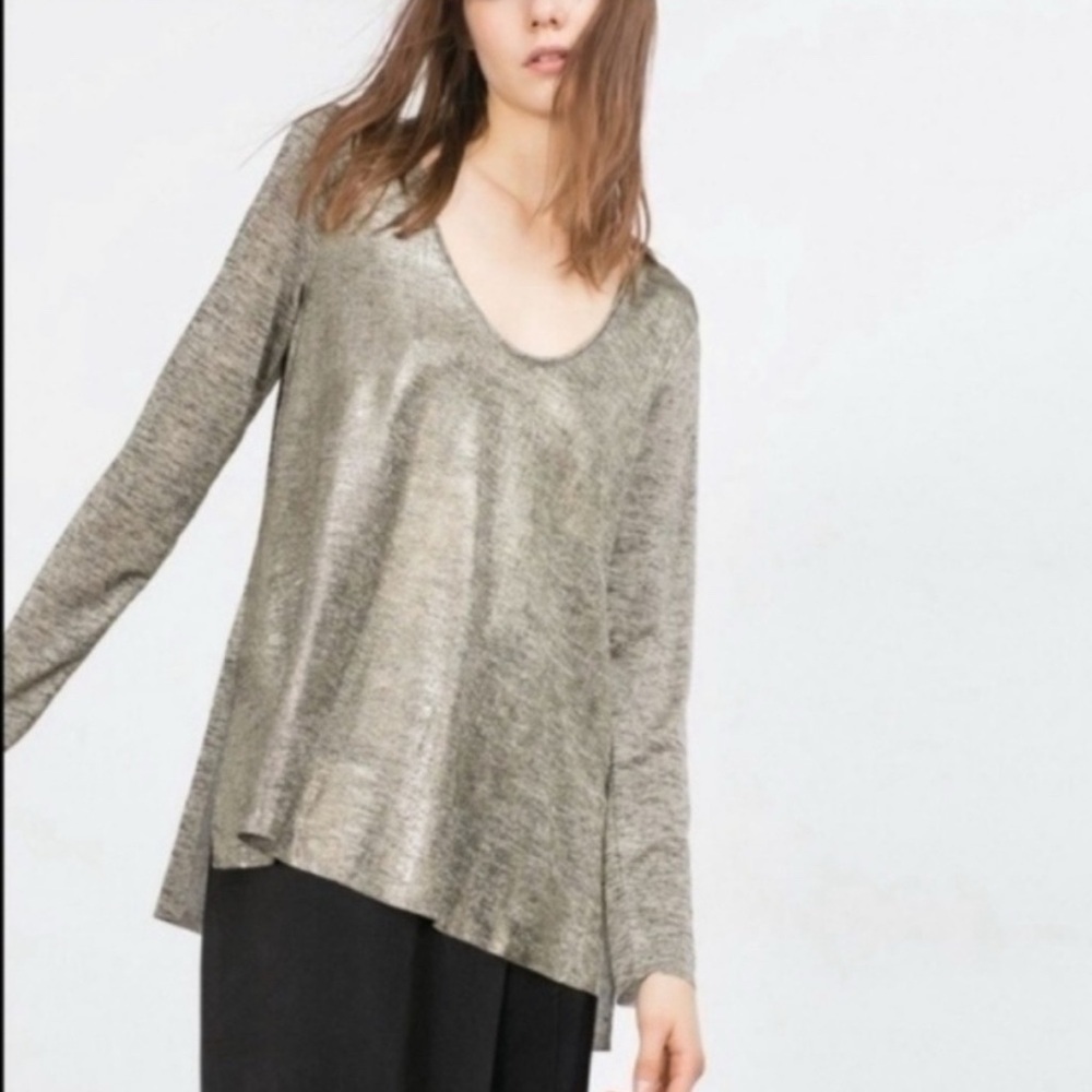 Zara Shimmering Silver Long Sleeve Top